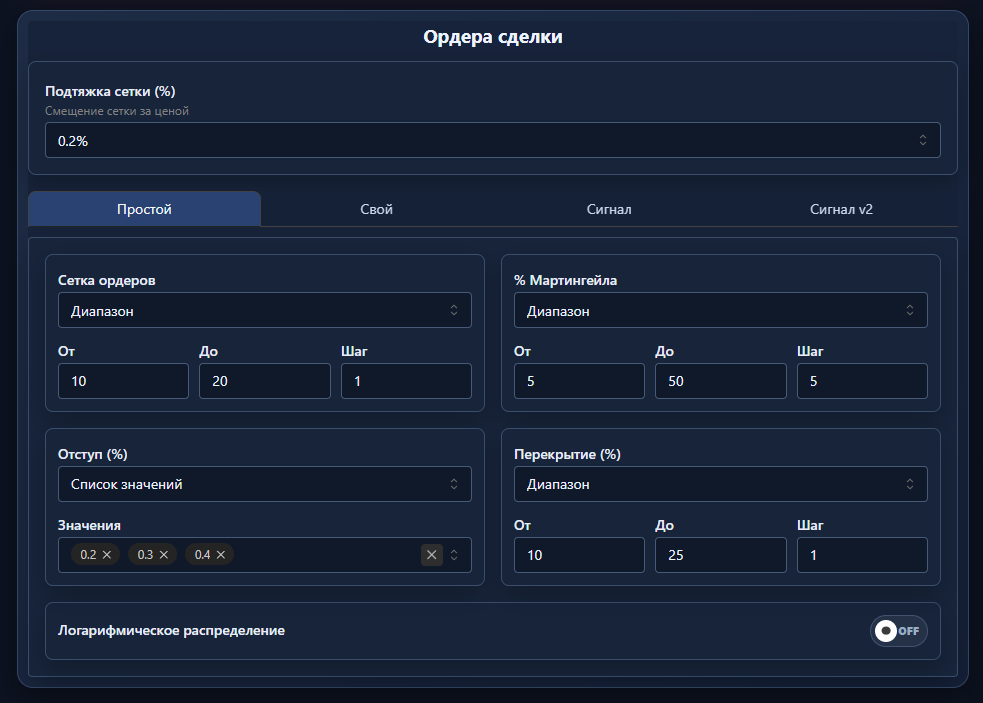 Конфигуратор Veles Helper с диапазонами параметров сетки торгового бота